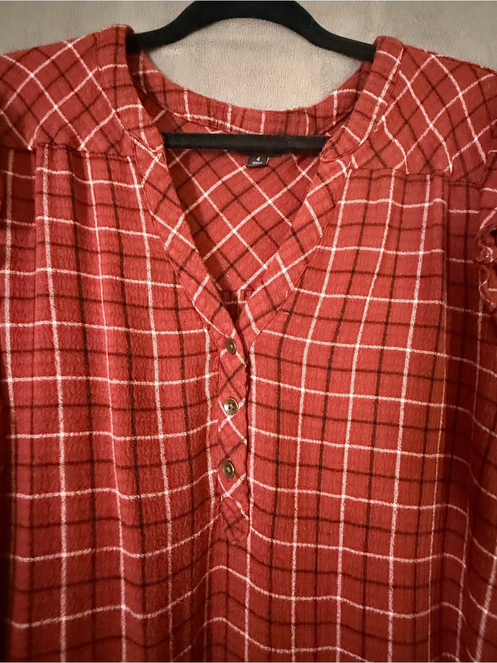 torrid Rust Red Plaid Ruffle-Yoke Henley Tunic - Picture 4 of 7